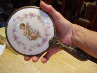 Antique Victorian Porcelain Hand Mirror W/brass Handle And Charub & Flowers photo