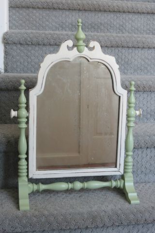 Vintage Chic Wood Distressed Painted Shabby Vanity Mirror Celery Green & White photo
