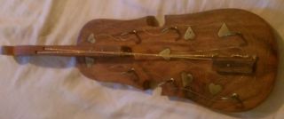 Antique Vintage Wooden Key Holder In The Shape Of A Violin/guitar Inlaid Brass photo
