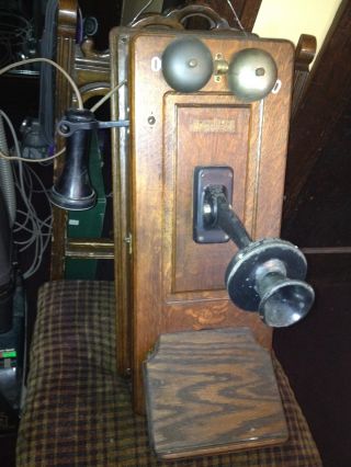 Antique Vintage Crank Style Phone Box Wooden Wood Wall Crank Telephone Box photo