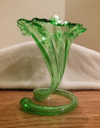 Antique Victorian Lily / Trumpet Epergne Vase - Green - Curled Stem Base photo
