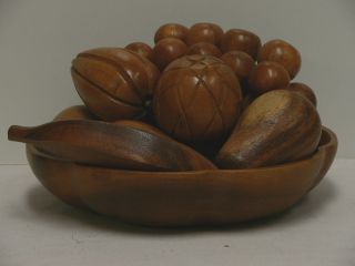 1970 ' S Vintage Decorative Teak Wooden Bowl With Wooden Fruit photo
