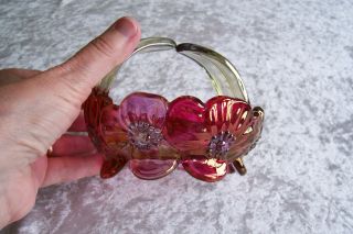 Red Carnival Glass Flowered Bowl With Handle photo