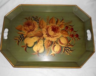 Elegant Antique Tole Tray - Green W/gold Roses - Hand Ptd.  Pilgrim Art/b.  Altman Ny photo