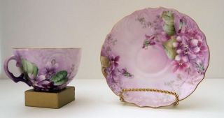 Exquisite Hand Painted Fine Cup & Saucer Violet Flowers photo