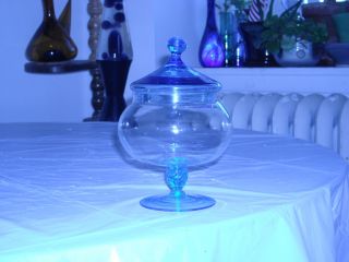 Vintage Blue / Clear Apothecary Covered Glass Jar / Canister photo
