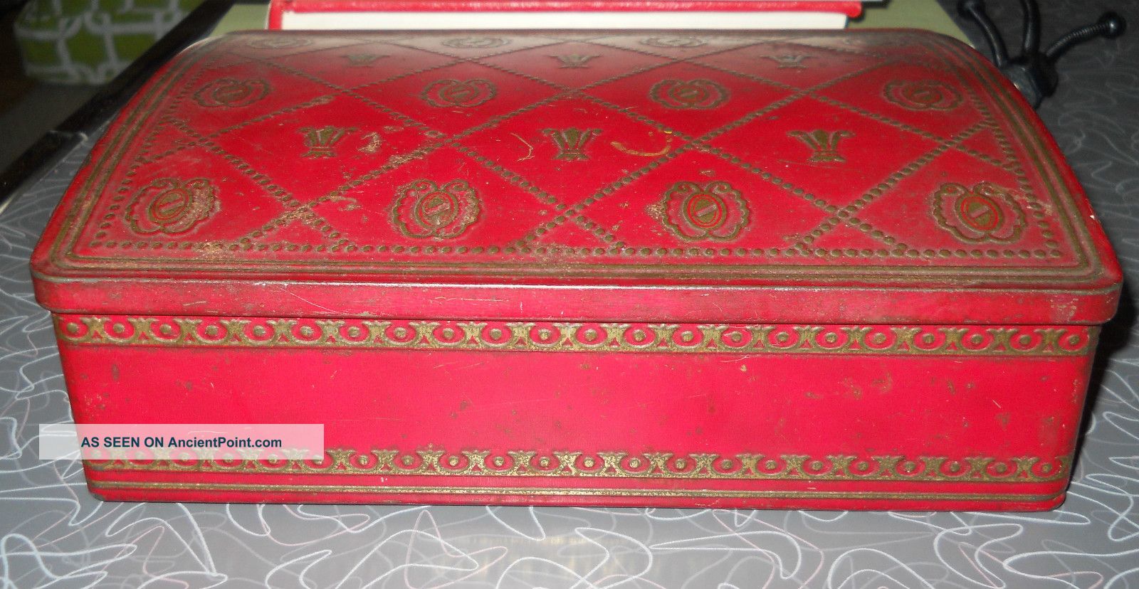 Antique Deep Red & Gold Tin Box. .  Domed And Signed Toleware photo