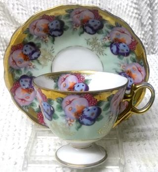 Vintage Porcelain Cup & Saucer Plums & Apples Pattern Japan photo