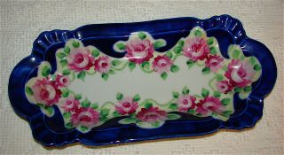 Porcelain Vanity Or Serving Tray Cobalt Blue W/ Handpainted Roses photo