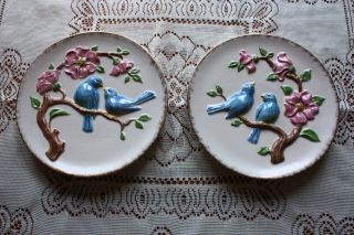 (2) Pretty Antique Vintage Ceramic Blue Bird Wall Plaques With Pink Flowers photo