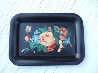 Vtg Toleware Hand Painted Mini Tray Roses Trinket Pin Dresser Vanity Dish photo