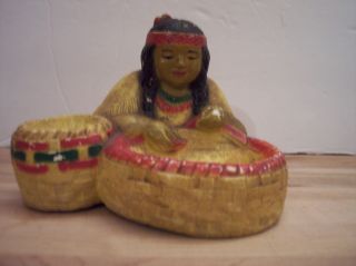 Vintage 1950s Native American Indian Squaw & Basket Figurine Trinket Dish Unique photo