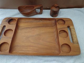 Vintage Handled Hand Carved Teak Wood Serving Tray & Handled Bowl & Spice Bowl photo