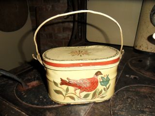 Antique Oval Tin Tole Painted Lunch Box Can - Mustard Color With Bird And Stars photo