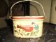 Antique Oval Tin Tole Painted Lunch Box Can - Mustard Color With Bird And Stars Primitives photo 4