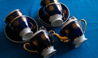 Antique Rare Collectible Porcelaine Tea/coffee Set For 4,  Cobalt,  Gold - 1970 ' S photo