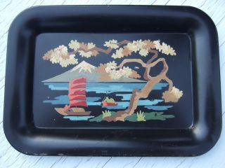 Vtg Toleware Hand Painted Mini Tray Oriental Trinket Pin Dresser Vanity Dish photo