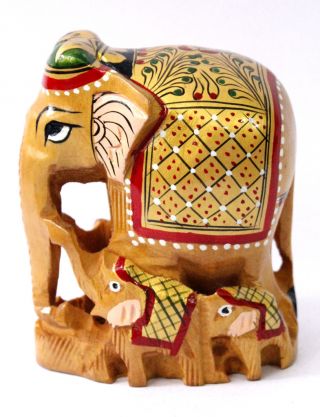 Hand Crafted Indian Royal Elephant Family Gold Meenakari Painted Wooden Sculptur photo