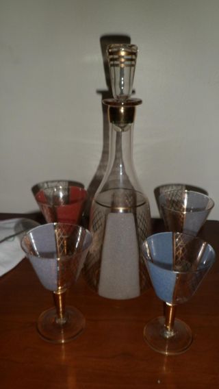 Glass Wine/liquor Decanter With 4 Glasses,  Multi Colors photo