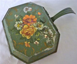 Antique Silent Butler,  Green W Tole Paint Flowers,  Tin,  Lots Of Character photo