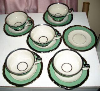 Vintage Johann Seltmann Vohenstrauss Bavaria Cups And Saucers Green Black White photo