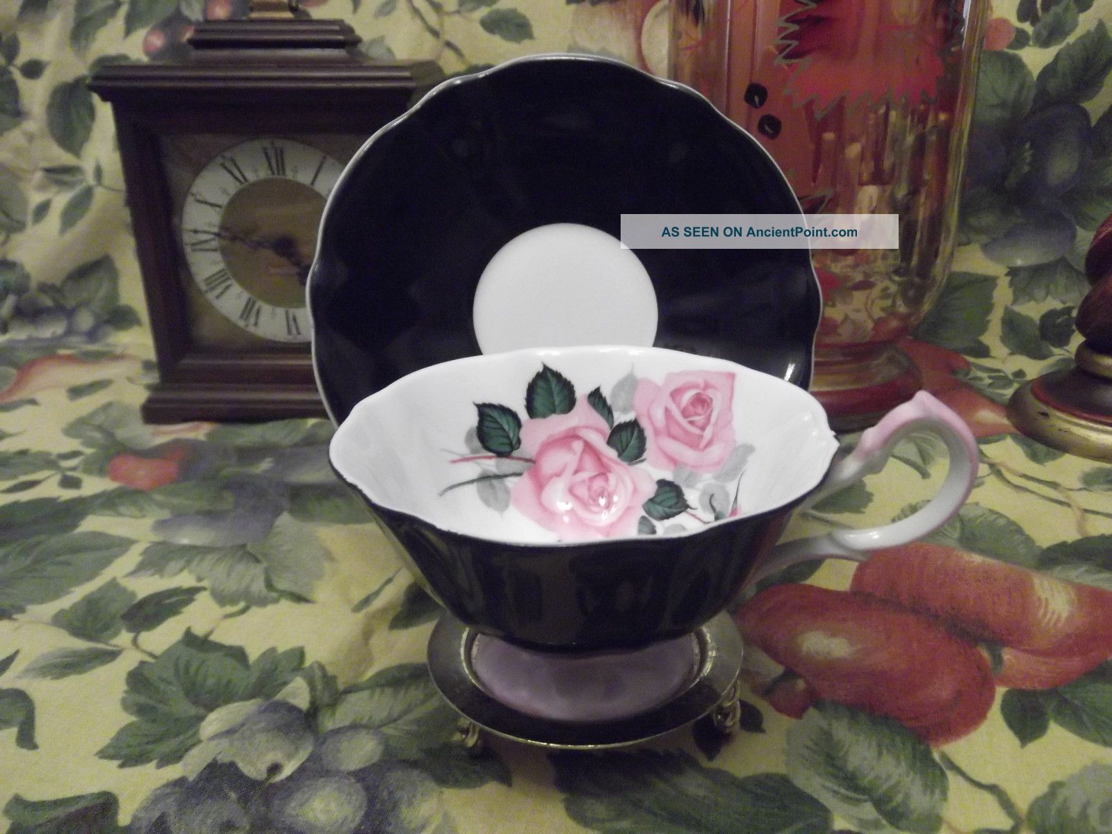 Queen Anne Tea Cup And Saucer Black & Pink Floral Cups & Saucers photo