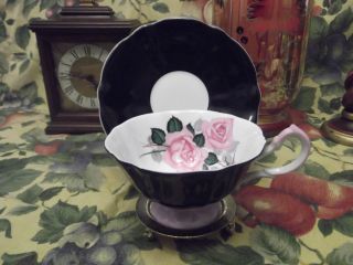 Queen Anne Tea Cup And Saucer Black & Pink Floral photo