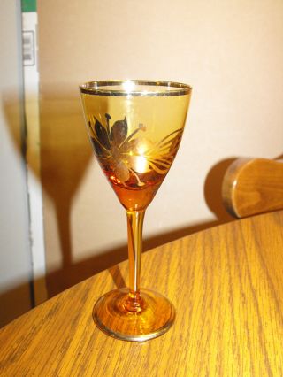 Vintage Amber Glass Cordial Set 4 Stemware Gold Leaf And Trim photo