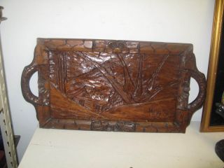 Mexican Hand Carved Wood Tray Folk Art - Log Cabin - 11.  5 