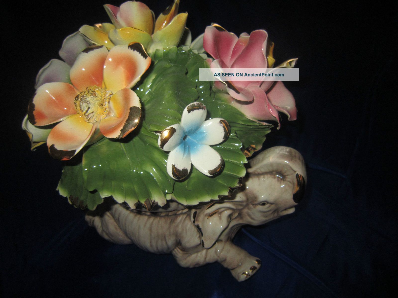 Antique Capodimonte Italian Porcelain Elephant Figurine With Roses - 12 