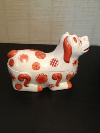 Asian Decorative Box - Dog Statut - White And Orange Porcelain photo