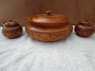 Vintage Hand Carved Teak Wood Bowl With Matching Wood Spice Bowls Ornate Carving photo