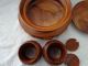 Vintage Hand Carved Teak Wood Bowl With Matching Wood Spice Bowls Ornate Carving Bowls photo 5