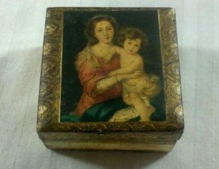 Florentia Madonna Jesus 50 Italy Hand Made Hinged Wooden Antique Box Jewelry photo