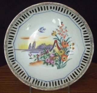 Hand - Painted Pierced Bowl - Bluebird Flying By Lake Front Cottage photo