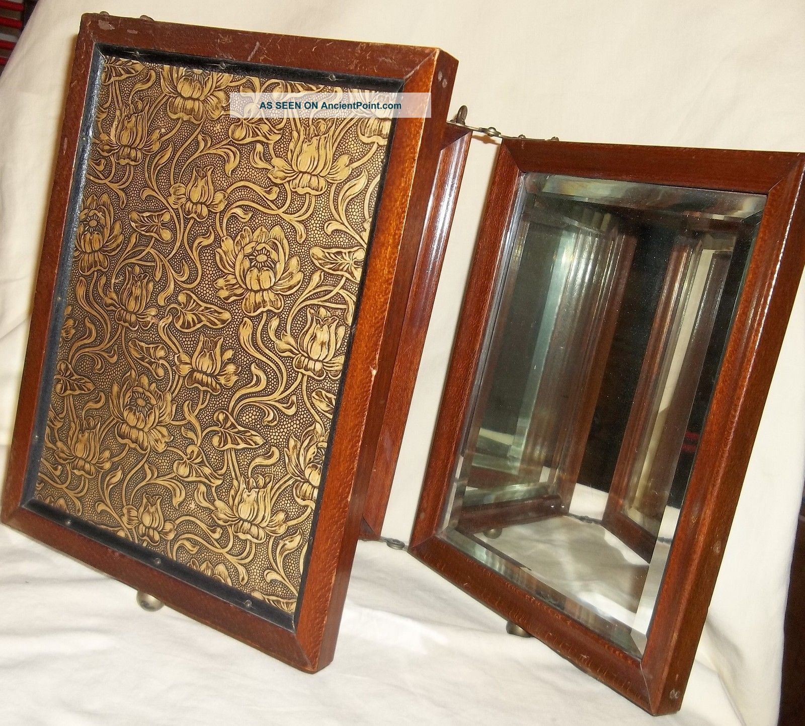 Antique Ship Captain ' S Mirror Tri - Fold Tooled Leather Lotus Blossom Nautical Mirrors photo