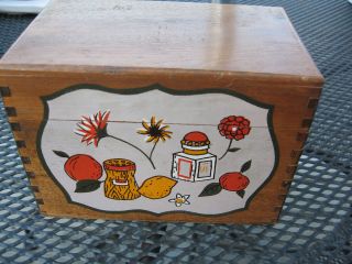 Vintage Wood Dovetailed Recipe Box W Painted Decal & Blank Recipe Cards photo