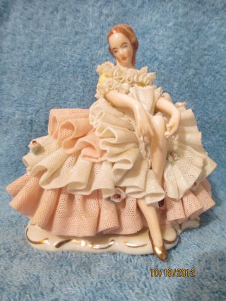 Vtg Dresden Art Made In Germany Ballerina Figurine Pink & White Lace ~crown W/ R photo