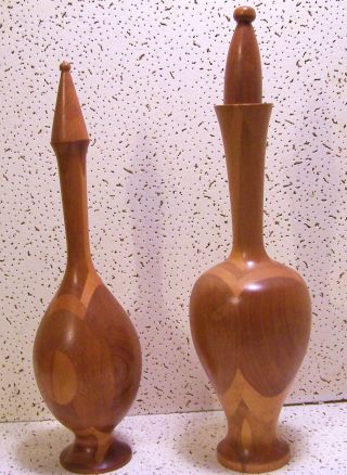 1968 Signed Lathe Turned Wood Lidded Decanter Shaped Vases Tall 15 Inches photo