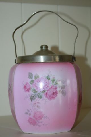 Antique Biscuit Barrel / Jar Epns Silver Plate Pink Hand Painted Roses Auth photo