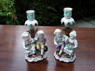 Pair Of Antique Figural German Sitzendorf Voight Bros Porcelain Candleholders photo
