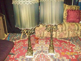 Antique Marble And Brass Candelabra Table Lamps W/original Shades photo