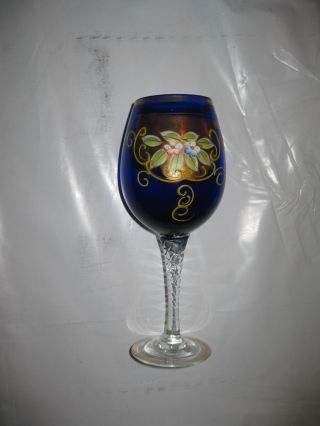 Antique Hand Painted Spiral Stemware Glass,  Cobalt Blue,  Guilded photo