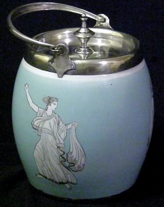Antique Deykin & Sons Porcelain Biscuit Cracker Jar Barrel Silver Top 1860 - 1890 photo