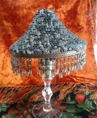 Rare Antique Beaded Glass Lamp Shade With Fringed Beads Retored photo