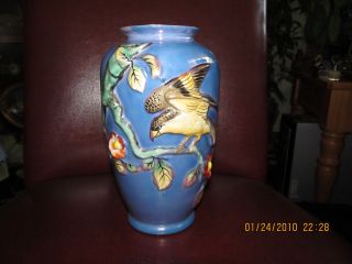 Vintage Hand Painted Vase With Lovely Bird Scene photo