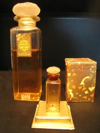 2 Rare Gorgeous Lalique Vintage Perfume Bottles C1930 Coty Emeraude & Miniature photo