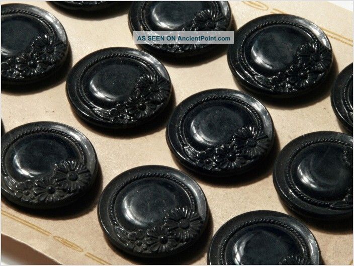 Card (12) Antique Vtg Czech Black Floral Glass Buttons 20´s 23 Mm Buttons photo