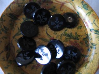 11 Victorian Jet Black Glass Floral Etched Buttons 3/4 