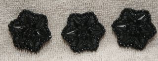 3 Antique Fancy Black Glass Buttons Floral Embroidered W/scalloped Border photo